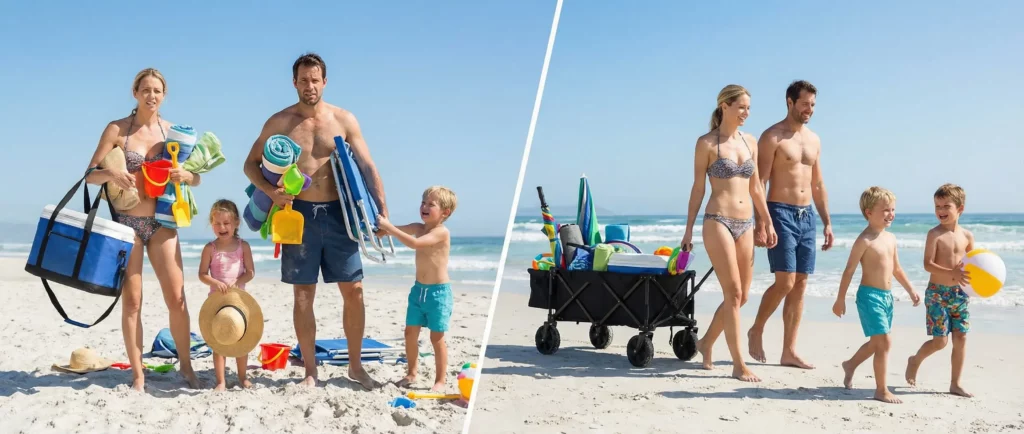 Transport Matériel Plage Enfants - transporter facilement son materiel plage - chariot de plage - fini la galere de transport a la plage - astuce transporter son materiel plage facilement